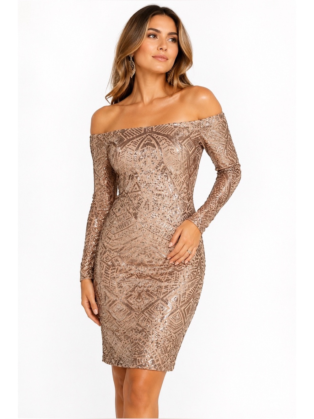 BCBGMAXAZRIA Eunice Off-the-Shoulder Gold Sequin Dress Size Small